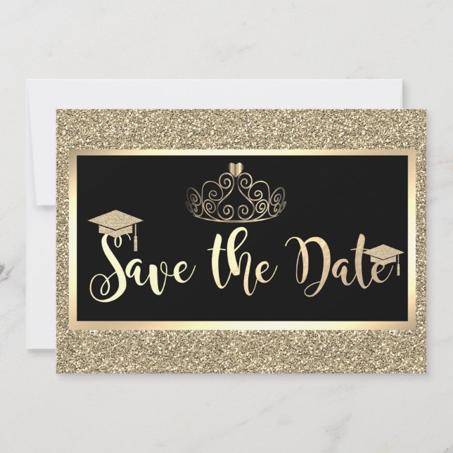Gold Glitzer, Tiara Abschluss Save the Date (Vorderseite)