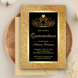Gold Glitzer Tiara Princess Black Quinceanera Einladung