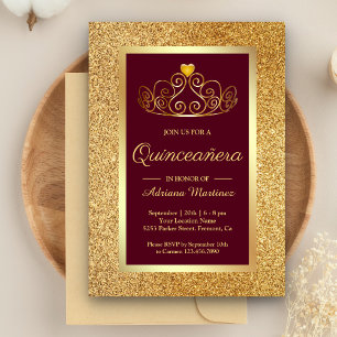 Gold Glitzer Tiara Princess Burgundy Quinceanera Einladung