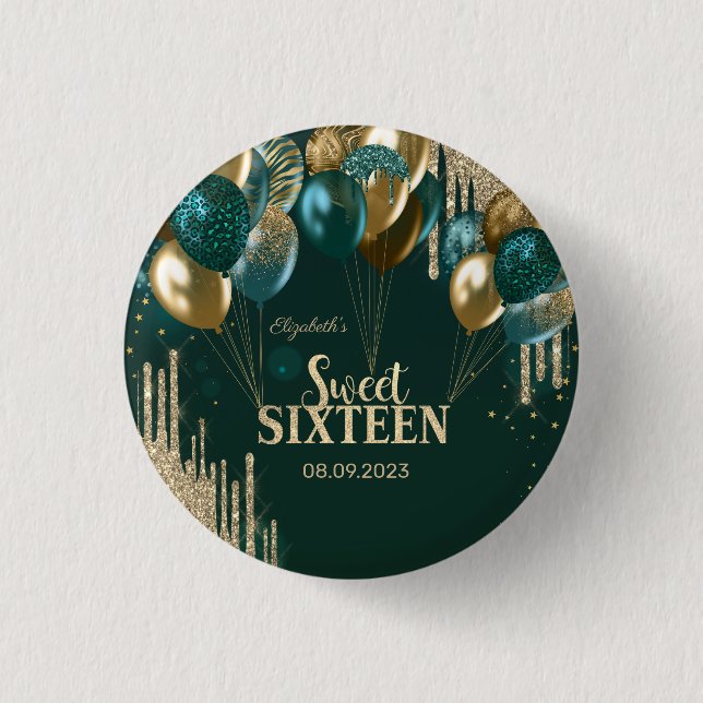 Gold Glitzer Tropfen Balloons Green Sweet 16 Button (Vorderseite)
