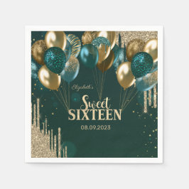 Gold Glitzer Tropfen Balloons Green Sweet 16 Serviette