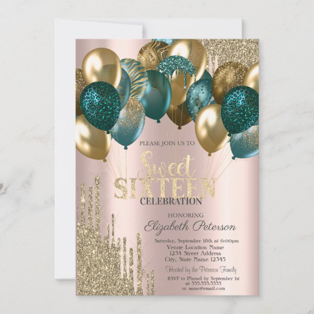 Gold Glitzer Tropfen Balloons Rose Gold Sweet 16 Einladung (Vorderseite)