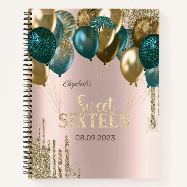 Gold Glitzer Tropfen Balloons Rose Gold Sweet 16 Notizbuch (Vorderseite)