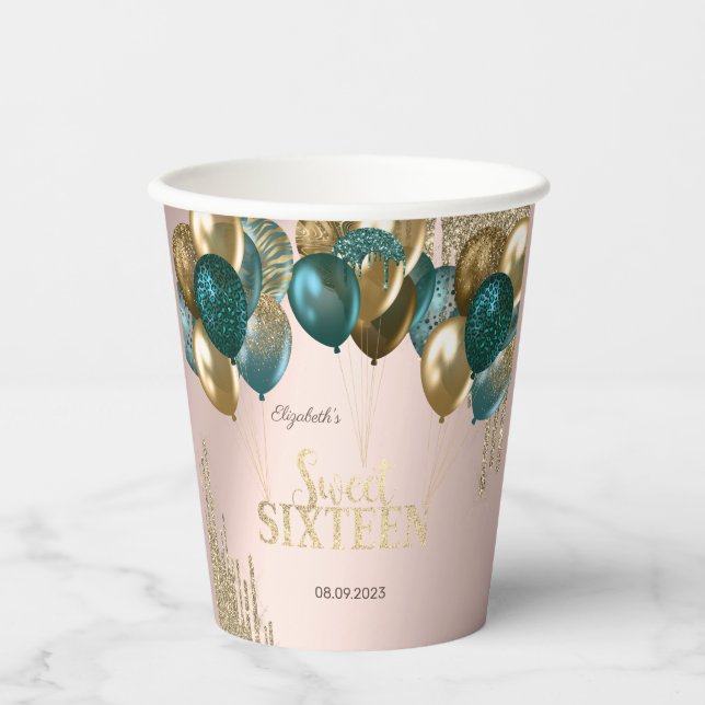 Gold Glitzer Tropfen Balloons Rose Gold Sweet 16 Pappbecher (Vorderseite)