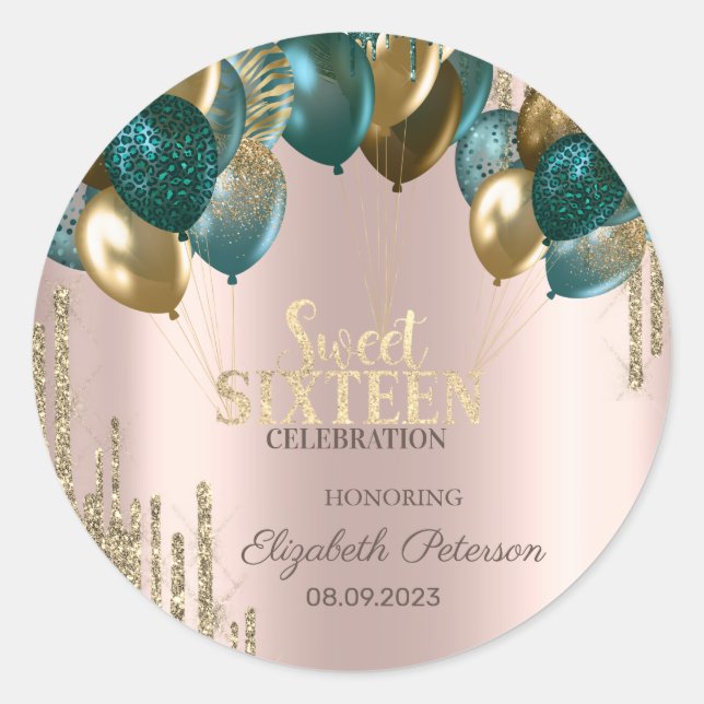 Gold Glitzer Tropfen Balloons Rose Gold Sweet 16 Runder Aufkleber (Vorderseite)