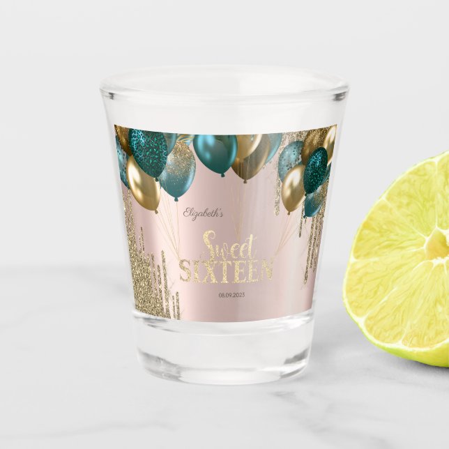 Gold Glitzer Tropfen Balloons Rose Gold Sweet 16 Schnapsglas (Vorderseite)