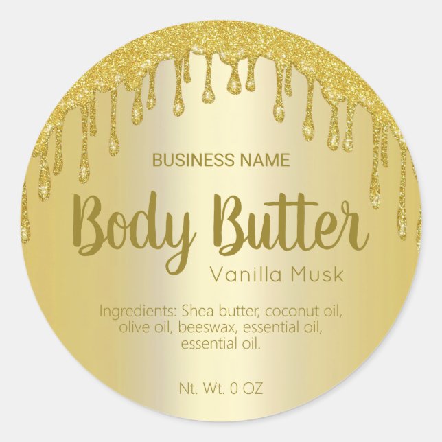 Gold Glitzer Tropfen Body Butter Labels Runder Aufkleber (Vorderseite)