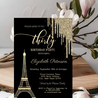 Gold Glitzer Tropfen, Eiffelturm 30. Geburtstag Einladung