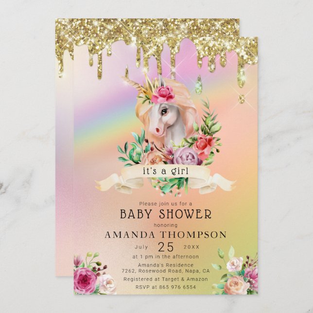 Gold Glitzer Tropfen Eine Girl Unicorn Kinderdusch Einladung (Vorne/Hinten)