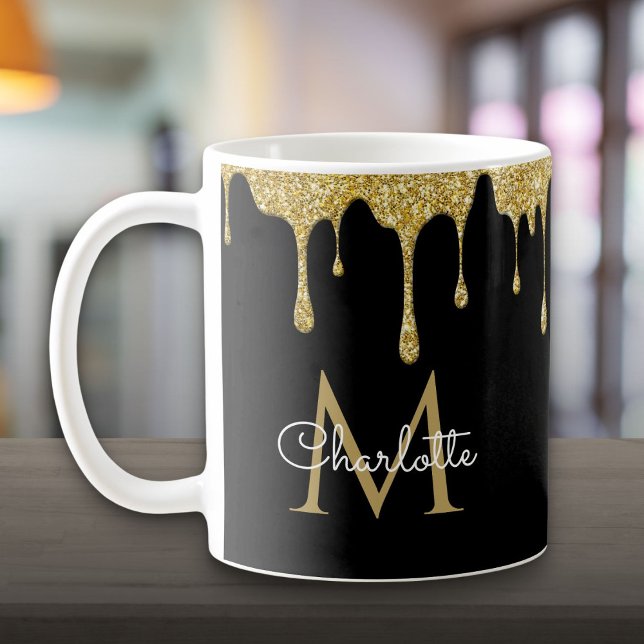 Gold Glitzer Tropfen Elegante Girly Script Monogra Kaffeetasse (Gold Glitter Drips Elegant Girly Script Monogram Coffee Mug)
