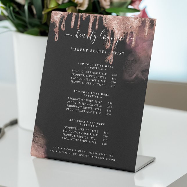 Gold Glitzer Tropfen Glam Makeuty Service List Sockelschild (Gold Glitter Drip Glam Makeup Beauty Service List Pedestal Sign)