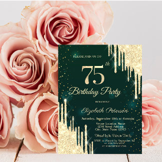 Gold Glitzer Tropfen Green 75. Geburtstag Einladung