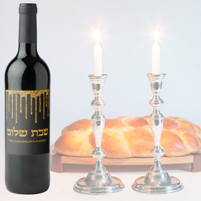 Gold Glitzer Tropfen Hebrew Kiddush Shabbat Shalom Weinetikett (Von Creator hochgeladen)