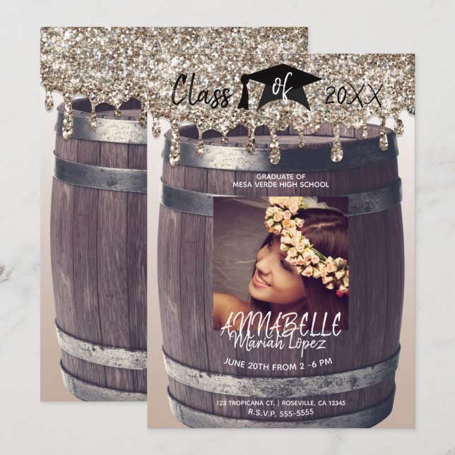 Gold Glitzer Tropfen Modernes Rustikales Abschluss Einladung (Vorne/Hinten)