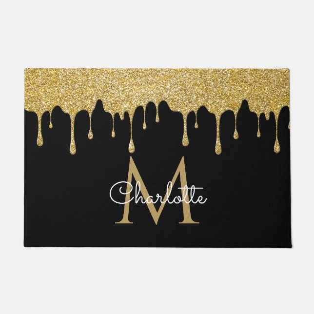 Gold Glitzer Tropfen Monogram Elegante Girly Scrip Fußmatte (Vorderseite)