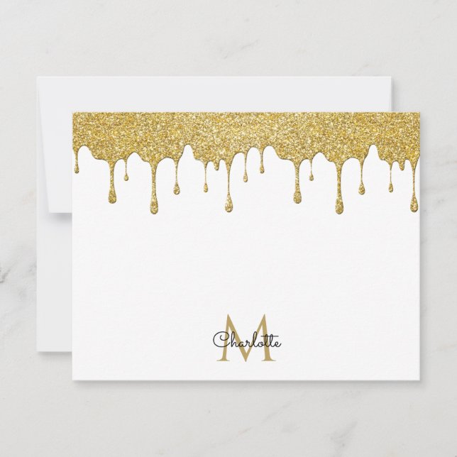 Gold Glitzer Tropfen Monogram Elegante Girly Scrip Mitteilungskarte (Vorderseite)