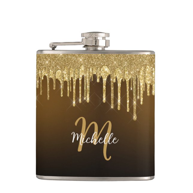 Gold Glitzer Tropfen Monogram Sparkle Niedlich Gir Flachmann (Vorderseite)
