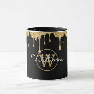 Gold Glitzer Tropfen Monogramm Schwarz Tasse