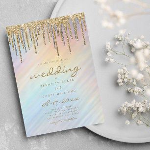 Gold Glitzer Tropfen Rainbow Holographic Wedding Einladung