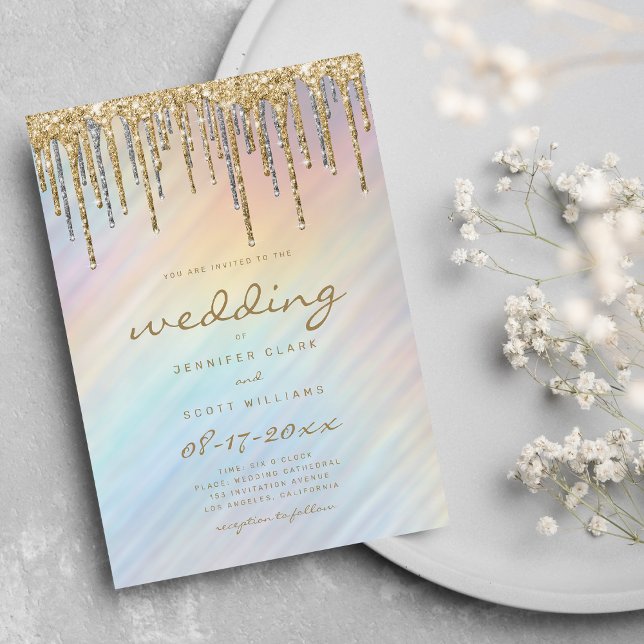 Gold Glitzer Tropfen Rainbow Holographic Wedding Einladung (Gold Glitter Drips Rainbow Holographic Wedding Invitation )