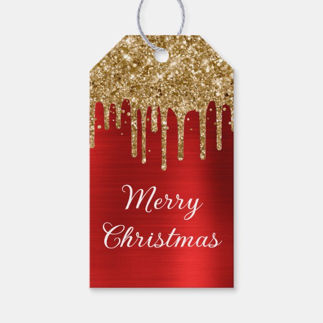 Gold Glitzer Tropfen Red Foil Frohe Weihnachten Geschenkanhänger (Vorderseite)