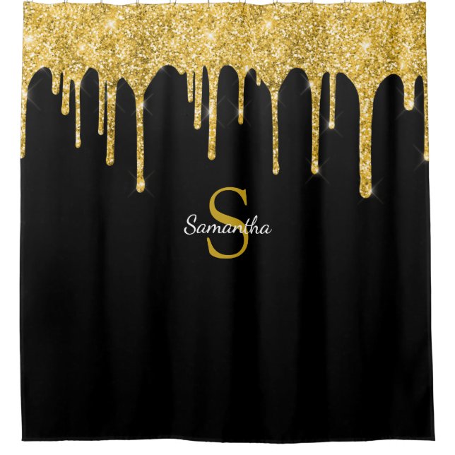 Gold Glitzer Tropfen Sparkle Schwarze Monogramm Na Duschvorhang (Vorderseite)