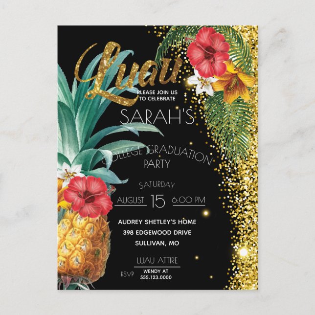 Gold Glitzer Tropical Blume Graduation Party Postkarte (Vorderseite)
