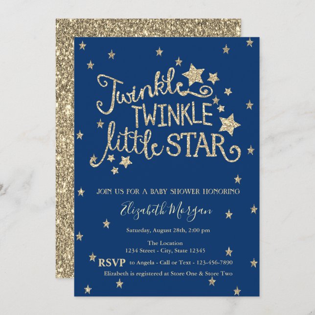 Gold Glitzer Twinkle Little Star Baby Dusche Einladung (Vorne/Hinten)