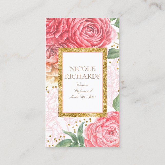 Gold Glitzer und Aquarell Rosa Blume Vintag Visitenkarte (Vorderseite)