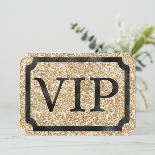 Gold Glitzer und Black VIP Event Ticket Einladung (Stehend Vorderseite)