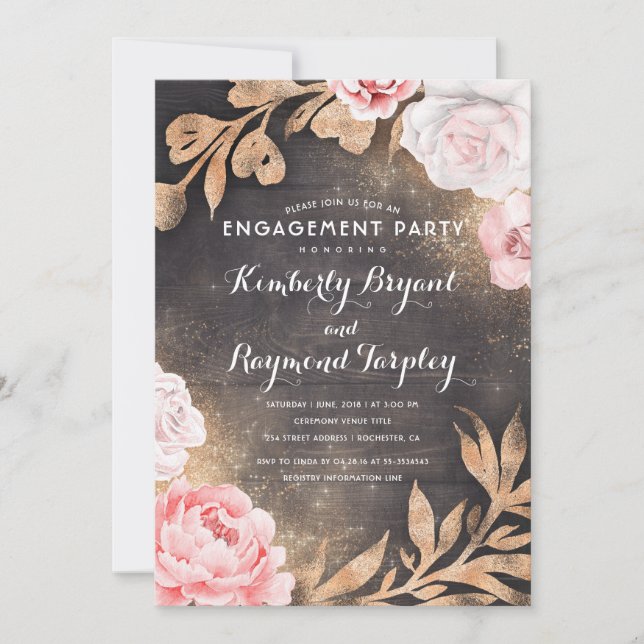 Gold Glitzer und Blush Pink Floral Engagement Part Einladung (Vorderseite)