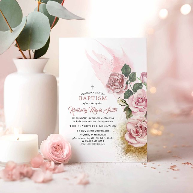 Gold Glitzer und Dusty Rose Taufe Girls Einladung (Elegant Roses Dusty Pink Baptism Invitations)