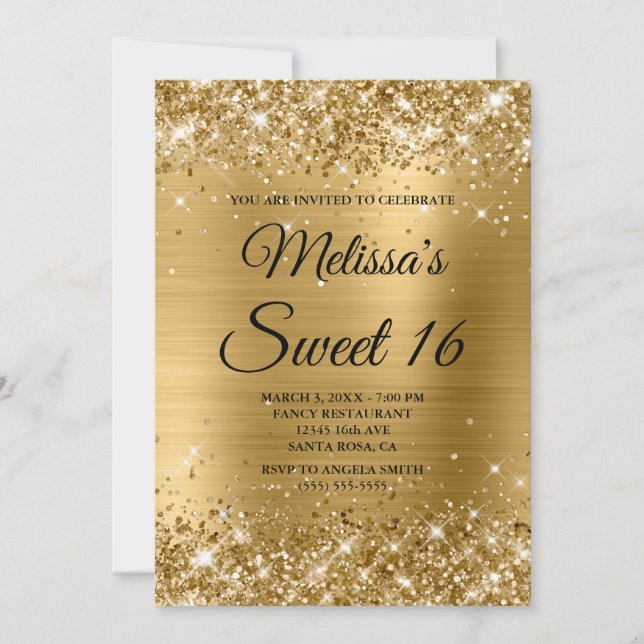Gold Glitzer und Foil Sweet 16 Extravagant Monogra Einladung (Vorderseite)
