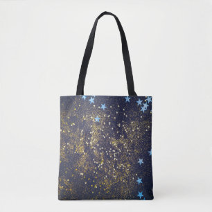 Gold Glitzer und glitzernde blaue Sterne auf schwa