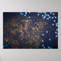 Gold Glitzer und glitzernde blaue Sterne auf schwa