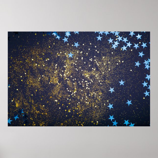 Gold Glitzer und glitzernde blaue Sterne auf schwa Poster (Vorne)