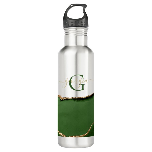 Gold-Glitzer und Green-Agate-Monogramm Edelstahlflasche (Vorderseite)
