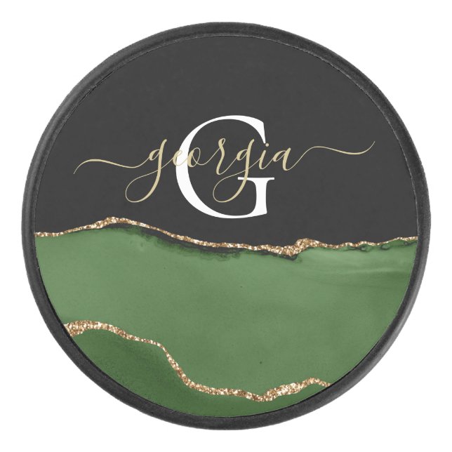 Gold-Glitzer und Green-Agate-Monogramm Eishockey Puck (Vorderseite)