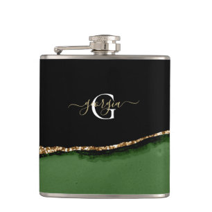 Gold-Glitzer und Green-Agate-Monogramm Flachmann
