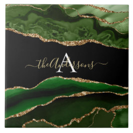 Gold-Glitzer und Green-Agate-Monogramm Fliese