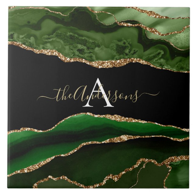 Gold-Glitzer und Green-Agate-Monogramm Fliese (Vorderseite)