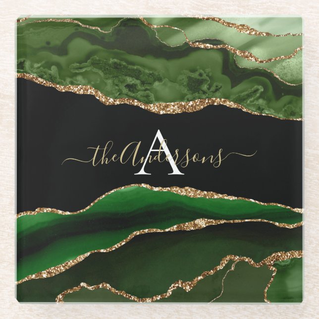 Gold-Glitzer und Green-Agate-Monogramm Glasuntersetzer (Vorderseite)