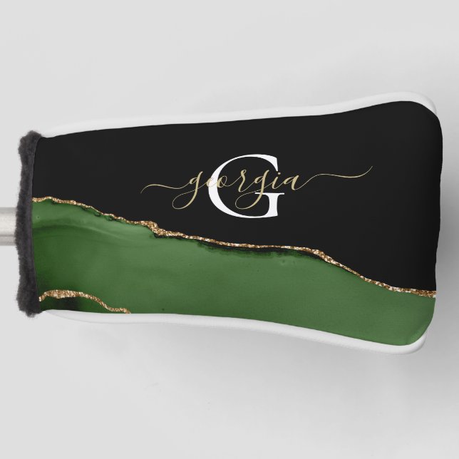 Gold-Glitzer und Green-Agate-Monogramm Golf Headcover (Vorderseite)