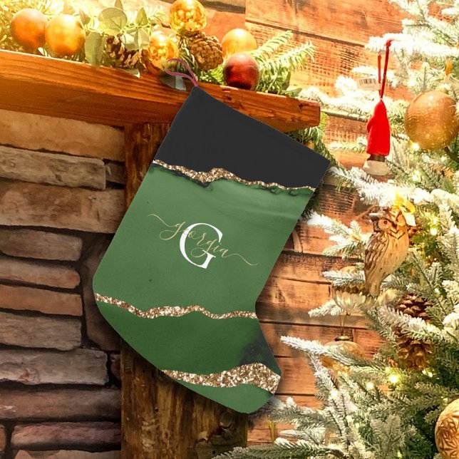Gold-Glitzer und Green-Agate-Monogramm Kleiner Weihnachtsstrumpf (Von Creator hochgeladen)