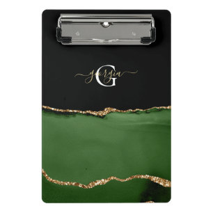 Gold-Glitzer und Green-Agate-Monogramm Mini Klemmbrett