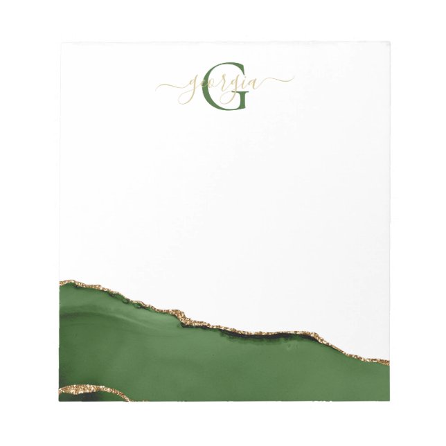 Gold-Glitzer und Green-Agate-Monogramm Notizblock (Vorderseite)