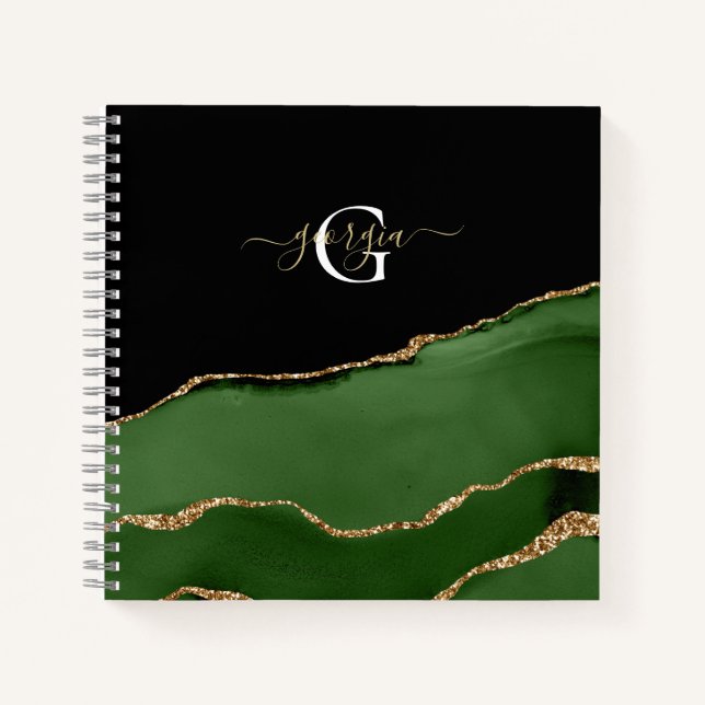 Gold-Glitzer und Green-Agate-Monogramm Notizbuch (Vorderseite)
