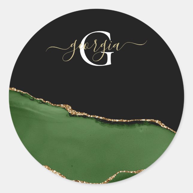 Gold-Glitzer und Green-Agate-Monogramm Runder Aufkleber (Vorderseite)