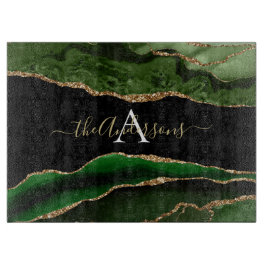 Gold-Glitzer und Green-Agate-Monogramm Schneidebrett