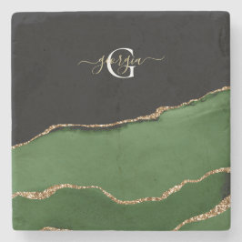 Gold-Glitzer und Green-Agate-Monogramm Steinuntersetzer